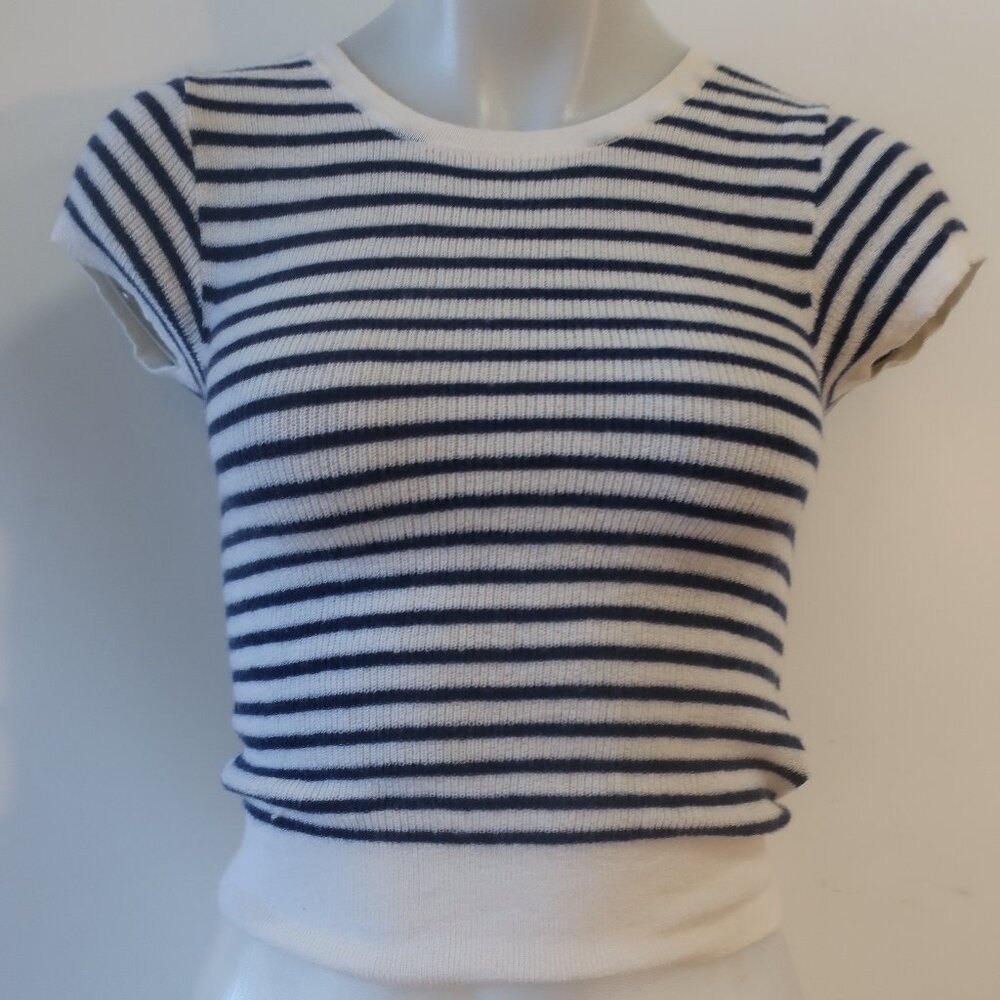 Womens J. Crew 100% Cashmere White, Navy Blue Striped Short Sleeve Sweater XS